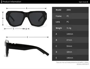 Detailed size chart for retro butterfly rivet sunglasses with PC frame measurements