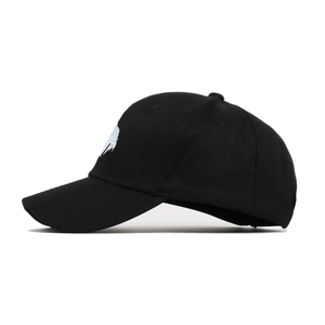 Classic black cotton baseball cap featuring white abstract scenic embroidery on the front