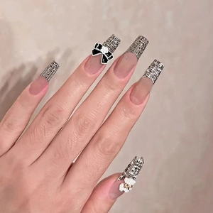 Press On Nails Long Coffin Tweed Pattern Bow Artificial Pearl Bear Rhinestone Elegant French Style False Nail Tips