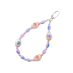 Colorful beaded phone strap with numbered resin beads and silver metal spring clasp