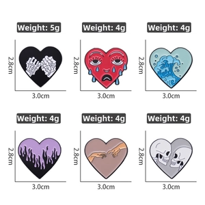 Set of 6 creative heart enamel pins featuring skull, wave, and flame designs for apparel