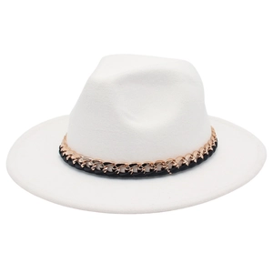 Close-up of white wool felt fedora featuring vintage gold chain and black leather band