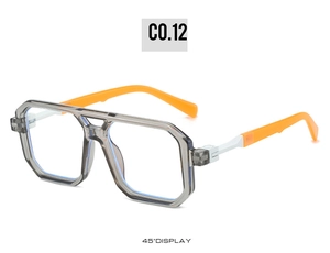 45-degree view of square pilot sunglasses with gray frames and orange temples