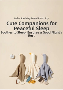 Detailed view of swan-shaped baby comforter set in soft crinkled cotton fabric