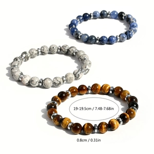 Detailansicht des dreiteiligen Perlenarmband-Sets mit Tigerauge und Natursteinen