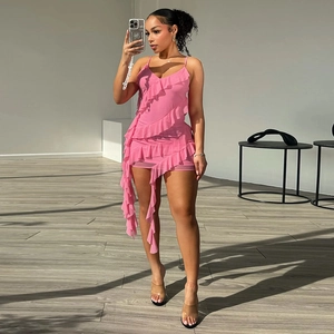Pink Mesh Ruffle Bodycon Mini Dress Sleeveless V-Neck Cami Straps Slim Fit Sexy Party Clubwear For Women