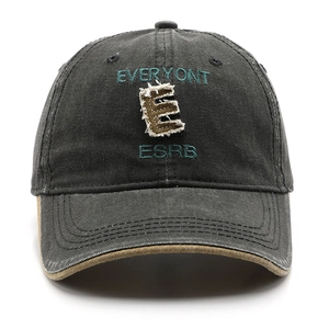 Vintage dark gray washed cotton baseball cap with blue embroidery and khaki brim detail