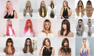 Comparison chart of 15 long wavy and straight synthetic wigs in various gradient colors