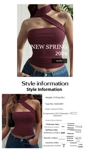 Detail view of burgundy halter neck crop top with diagonal straps and size specifications