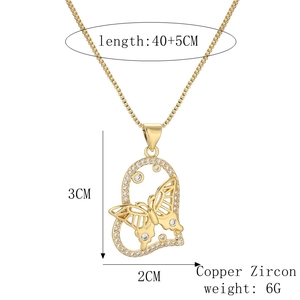 Detail view of 18k gold plated copper heart necklace with zircon butterfly pendant and sizing