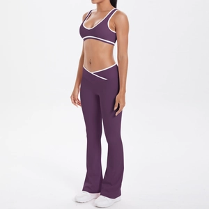 Two-piece purple yoga set with V-neck sports bra and crossover flare leggings