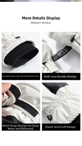 Detail of winter ski gloves with double elastic cuffs, safety buckle, and velcro straps