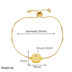 Detail showing dimensions of 18k gold plated box chain bracelet with yellow druzy stone