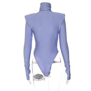 Detailed back view of a slim lavender bodysuit featuring high neck and padded shoulders