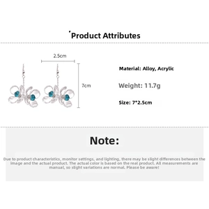 Detailed size specifications of acrylic flower earrings with blue rhinestones and alloy hooks