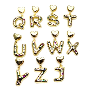 Gold plated alphabet pendants Q-Z with colorful zircon stones and heart-shaped bails