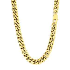 Classic gold Cuban link necklace in polished stainless steel on a white background