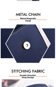 Close-up of litchi grain leather texture and magnetic buckle on navy blue crossbody bag