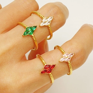 Marquise Zircon Flower Adjustable Ring Hammered Gold Plated Stainless Steel Jewelry For Women French Vintage Style