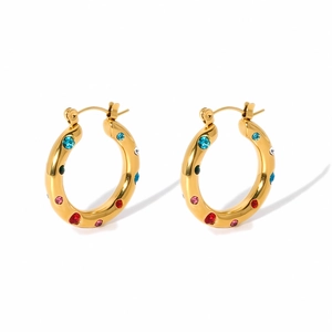 18K gold plated stainless steel hoop earrings with colorful round zirconia stones