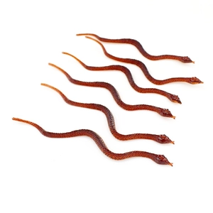 Top view of six reddish-brown plastic toy snakes arranged on a white background