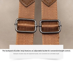 Detail showing brown fabric shoulder straps with gunmetal buckles and crocodile texture leather