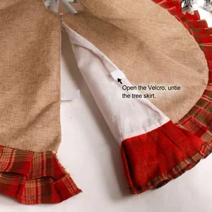 Scottish linen Christmas tree skirt with red plaid ruffle edge and velcro fastener