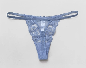 Detail of light blue lace thong featuring delicate floral embroidery and mesh fabric