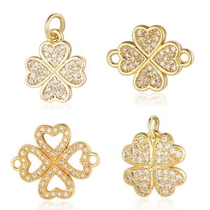 Four-leaf clover jewelry pendants and connectors with cubic zirconia in gold plating