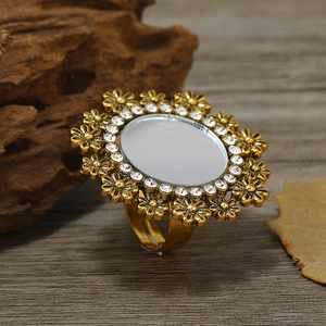 Bohemian Flower Ring Vintage Alloy Carved Rhinestone Encrusted Adjustable Ethnic Style Jewelry For Women