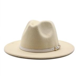 Classic beige wide-brim wool fedora hat with elegant white leather decorative buckle strap