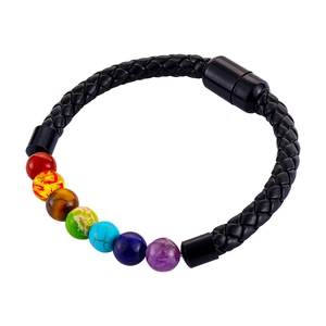 Men Braided Leather Bracelet With Natural Lava Stone Beaded Magnetic Clasp Simple Punk Jewelry Gift