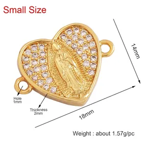 Gold plated copper heart charm with Virgin Mary relief and white zircon inlay