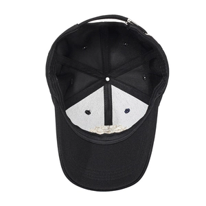 Internal structure of black baseball cap with reinforced stitching and metal buckle