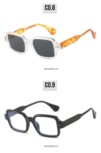 Detail view of square frame sunglasses and blue light glasses at a 45-degree angle