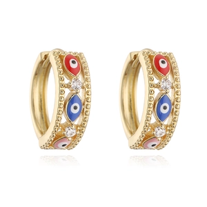 Golden evil eye hoop earrings with colorful enamel and sparkling zircon accents
