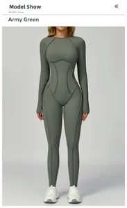 Detail of army green yoga jumpsuit showing exposed seams and body-shaping stitch design