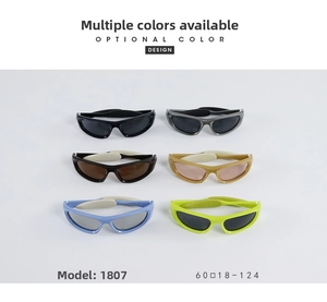 Y2K sporty cat-eye sunglasses in six colors with dimensions 60-18-124 shown in a grid