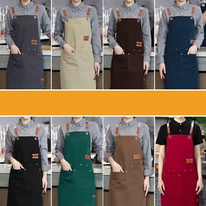 Waterproof canvas work apron with leather straps and 8 color options for kitchens