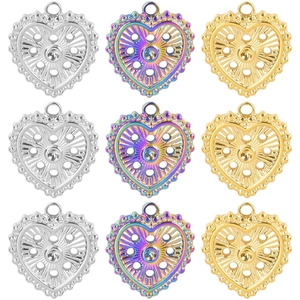 Heart Shaped Stainless Steel Pendants Hollow Out Filigree Charms With Rhinestone For DIY Jewelry Making