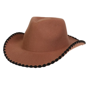 Classic dark brown wool felt western cowboy hat with black braided trim on the brim