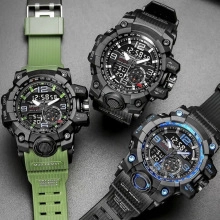 Detailed view of dual-display digital sports watches in military green, black and blue