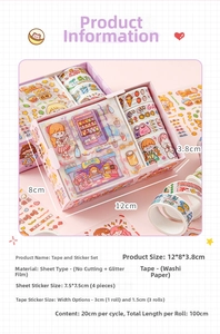 Detailed dimensions of cartoon washi tape set including tape width and sticker box size