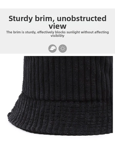 Detail of black corduroy bucket hat showing sturdy brim and thick textured fabric