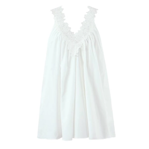 Elegante abito bianco senza maniche con scollo a V, pizzo delicato e tessuto leggero