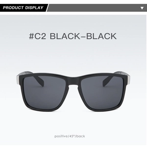 Front view display of black square frame sports sunglasses with dark lenses