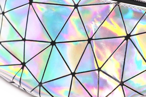Macro view of iridescent geometric triangular panels on this holographic waist bag