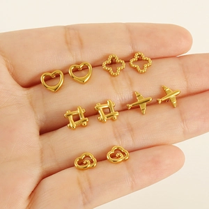 5-pair set of minimalist 18K gold stainless steel heart and geometric stud earrings