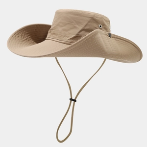 Khaki wide brim sun hat with adjustable chin strap and breathable vents for outdoor hiking