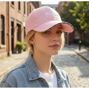 Nahaufnahme der rosa Baseballkappe mit weißer Stickerei und Sport-Details am Schirm